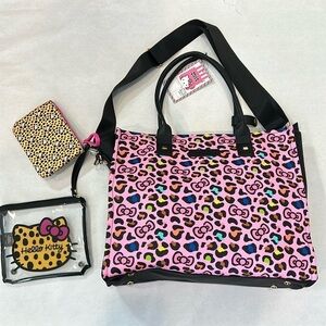 Brand New Hello Kitty bows & pink leopard three piece travel bag tote set rare